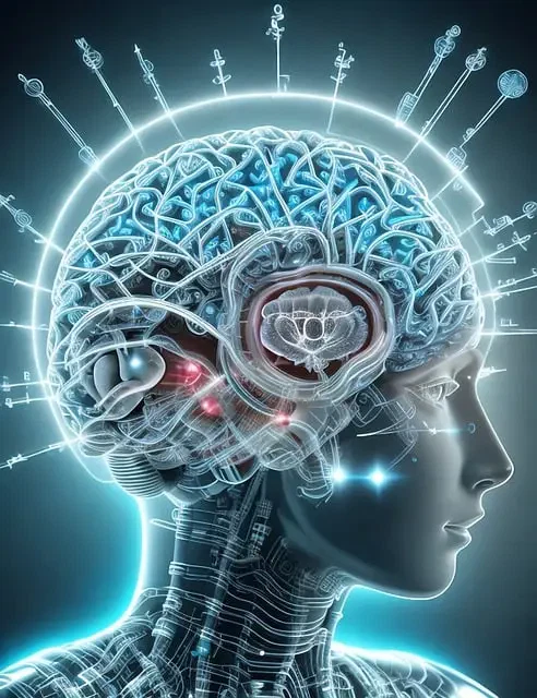 A futuristic drawing shows a human head with a see-through skull, inside which a glowing brain powered by artificial intelligence is filled with circuits and electronic parts. This image represents the beginning of advanced teamwork between humans and machines in online business.