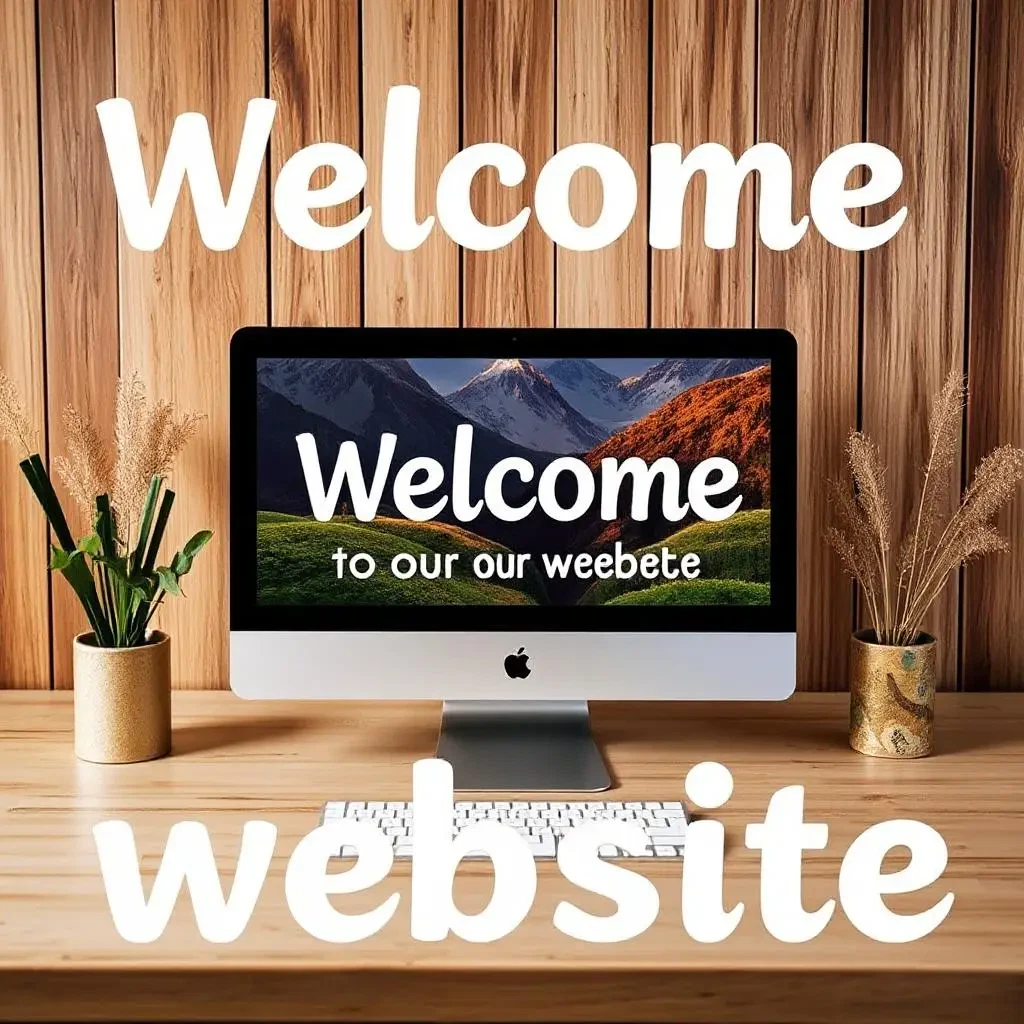 A desktop computer sits on a wooden desk, showing the message “Welcome to our our weebete” with a picture of mountains in the background. Big white letters say “Welcome website.” There are also plants and a keyboard on the desk.