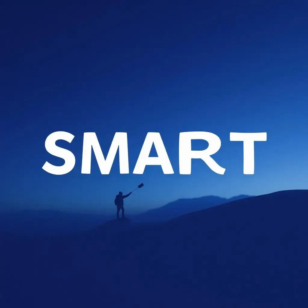 A person’s shadow stands on a hill at sunset holding a flag, with the word SMART in big white letters above against a blue sky.