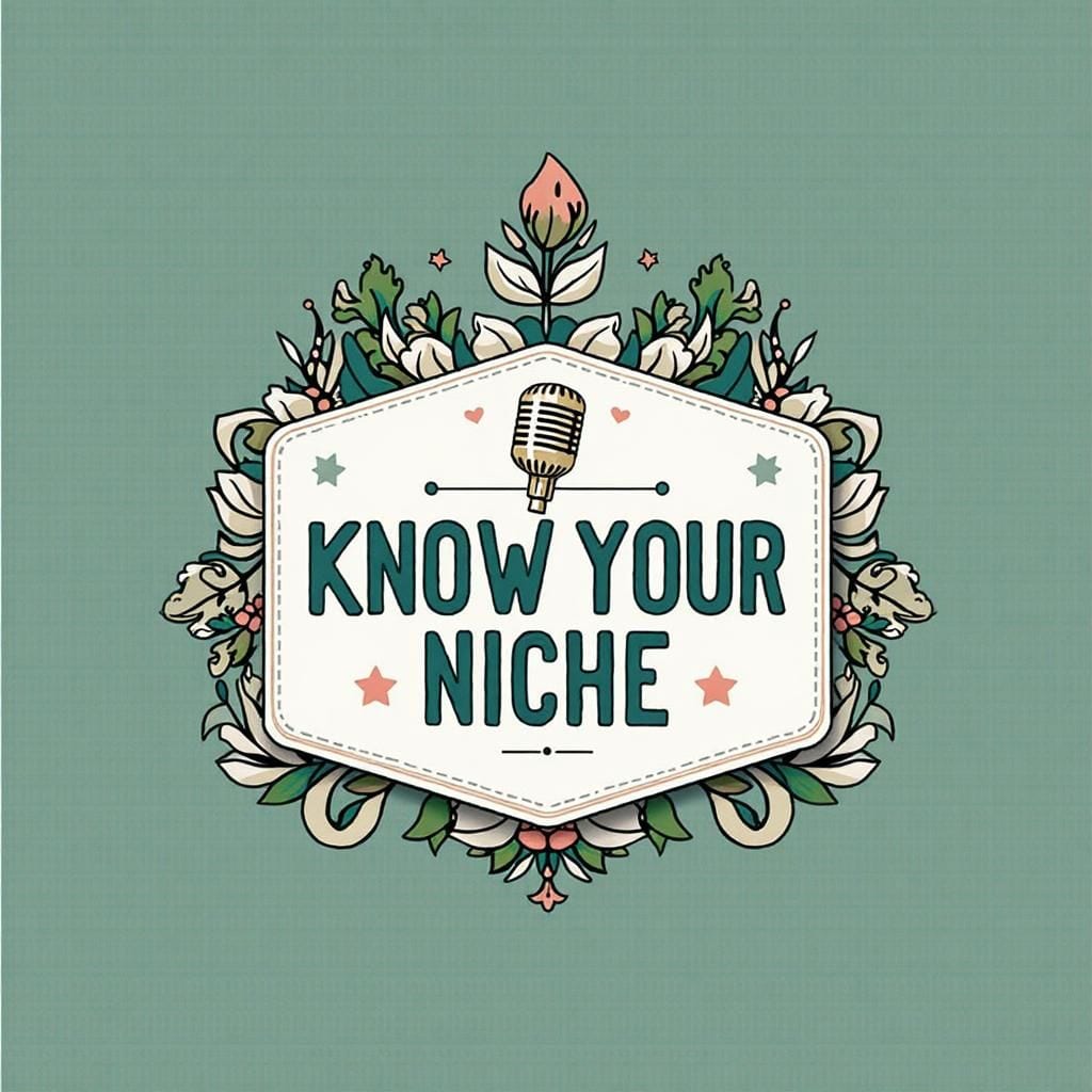 A badge with flowers and leaves surrounds an old-style microphone above bold KNOW YOUR NICHE text on green, with stars and dots around.