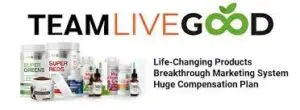 The picture shows TEAM LIVE GOOD in big, bold letters. Underneath, there are pictures of health products like vitamins and essential oils. On the right side, it says: Products that can change your life, a new way to promote them, and a big money-making plan.