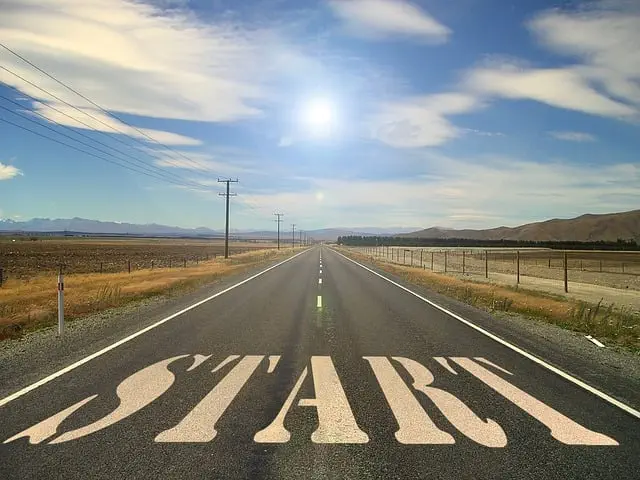 A long, straight road goes far into the distance under a clear blue sky, representing a journey of personal growth. The word START is written on the pavement in bold white letters. Fields and mountains along the way encourage self-confidence as the bright sun overhead inspires positive thinking.