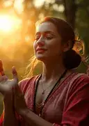 A woman is standing outside with her eyes closed, and the warm sunlight is shining on her face. She looks calm and peaceful, wearing a red shirt and a necklace. Her hands are up close to her chest, and behind her, you can see blurry trees in nature.