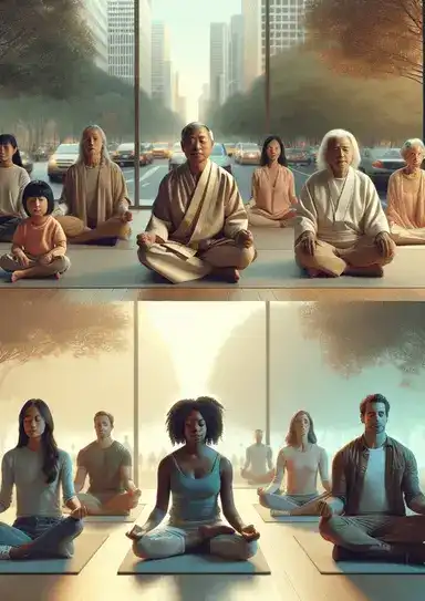 Two groups of people are sitting quietly, meditating in front of a city background. The top group has people of different ages and backgrounds and they meditate in the morning. The bottom group, which is also diverse, meditates in the afternoon. The light goes from warm to cool as time passes.