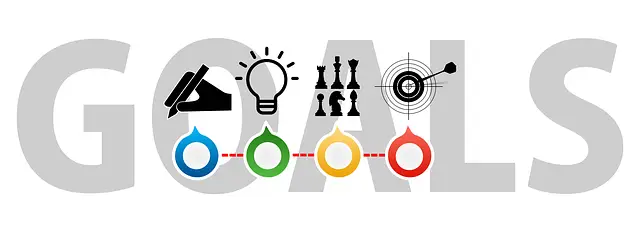 Picture the word GOALS written in big letters, with icons around it. Theres a pencil and paper, a light bulb, chess pieces, and a target with an arrow. Below that, you see colorful circles linked by a red dotted line showing different steps or stages.