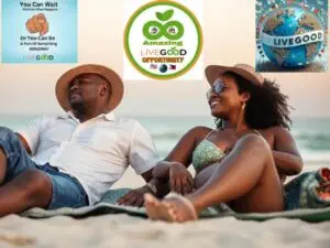 A smiling man and woman are sitting on a blanket at the beach, looking relaxed and happy. Three colorful LiveGood graphics appear on top, showing an amazing business opportunity with LiveGood, a worldwide community, and fair ways to recruit new members.