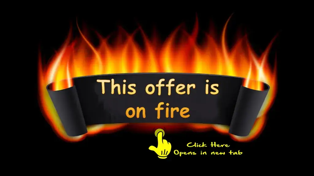 A black banner with orange letters says, This offer is hot! and there are flames in the background. Below that, theres a yellow hand icon pointing to text that says Click Here which opens a new tab. The background for this part is black.