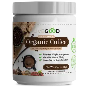 A white container labeled LiveGood Organic Coffee Blend for Healthy Weight Management talks about the health benefits of the coffee, such as fiber to help control weight and maca to improve mental sharpness. The label has pictures of coffee beans and a USDA organic seal. It weighs 6.1 ounces.