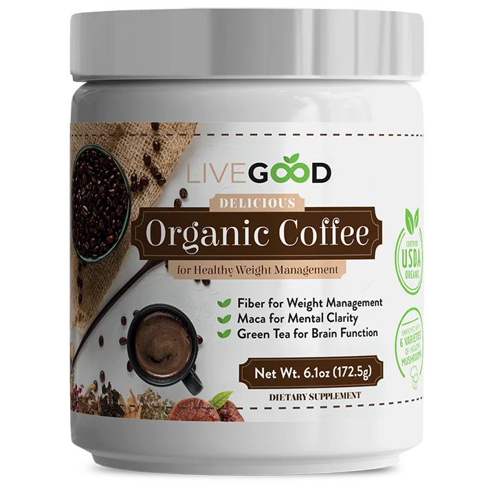 A white container labeled LiveGood Organic Coffee Blend for Healthy Weight Management talks about the health benefits of the coffee, such as fiber to help control weight and maca to improve mental sharpness. The label has pictures of coffee beans and a USDA organic seal. It weighs 6.1 ounces.