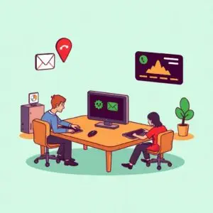Two people are sitting together at a shared desk, each using their own computer. Above them are icons showing email, a phone, and graphs. There is a plant and a computer tower close to the desk, making it look like an office.