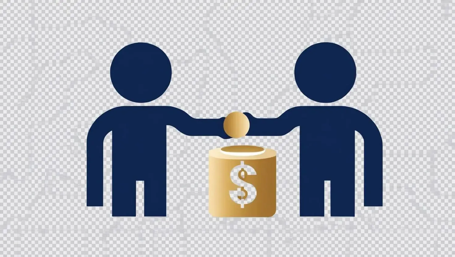 Two dark blue stick figures are shaking hands over a gold cylinder with a white dollar sign on it. This image represents making a business deal or an agreement about money, and it’s great for using as a header in Elementor.