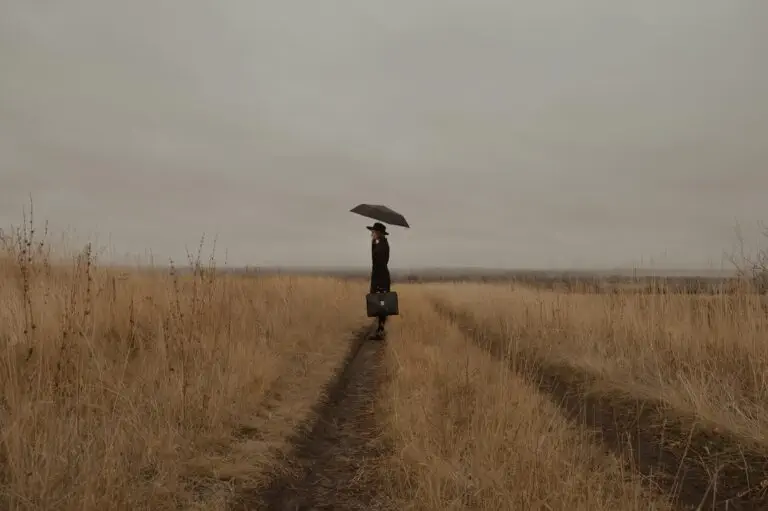 A person stands in a big, grassy field with an umbrella under a cloudy sky. They carry a briefcase and walk on a skinny dirt path, maybe looking to see where their journey will lead them through the tall, dry grass that stretches far away.
