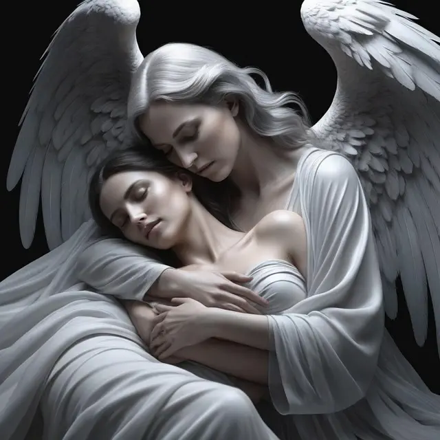 A gentle angel with big wings holds a sleeping woman, showing strength through tough times. They are both wearing long, white clothes. The scene feels calm and close, giving a sense of peace against a plain dark background.