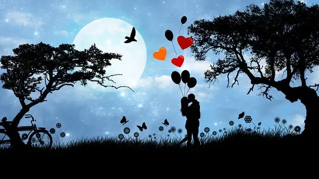 A couple is hugging and holding balloons shaped like hearts under a full moon. Butterflies and birds are flying, and two trees are on either side. A bicycle is parked on the grass, making everything feel peaceful and romantic.