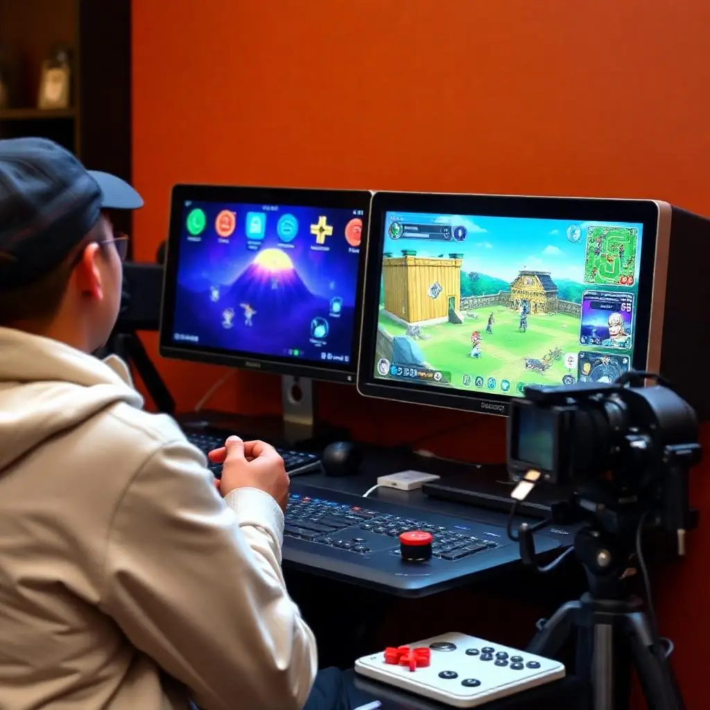 A person wearing a cap and hoodie is sitting at a desk with two computer screens, playing a bright and colorful video game. A camera on a tripod is recording the game. This shows how using video games, or gamification, can be an exciting new way for online businesses to get more customers interested and involved.