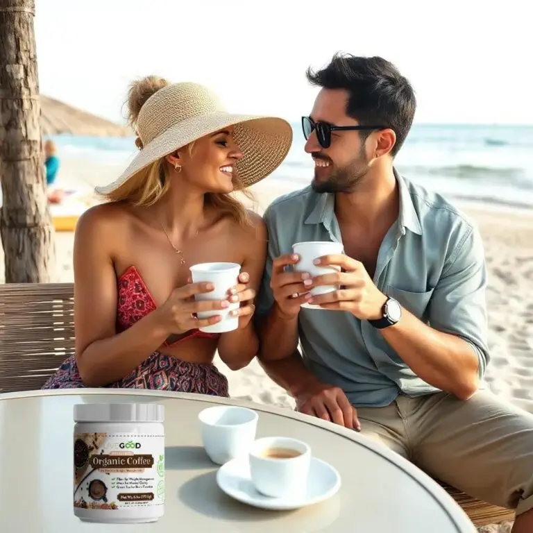 A smiling couple wearing summer clothes sits at a table on the beach, enjoying coffee together. On the table in front of them is a container of organic coffee.