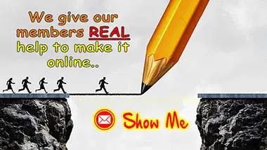 A big pencil is drawing a bridge over a gap while five people run across it. The text says, We give our members real help to succeed online. Next to an email icon are the words, Show Me.