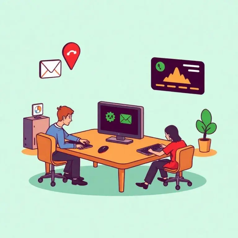 Two people are sitting together at a shared desk, each using their own computer. Above them are icons showing email, a phone, and graphs. There is a plant and a computer tower close to the desk, making it look like an office.